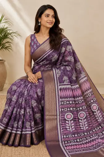Purple block printed saree