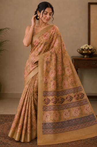yellow Saahi floral printed saree