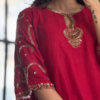  rani pink sequinned embroidered pv chanderi kurta pant dupatta set 3