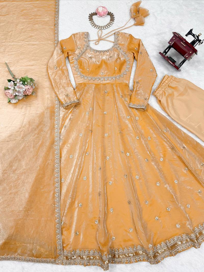 Premium fandy silk embroidered suit set with dupatta