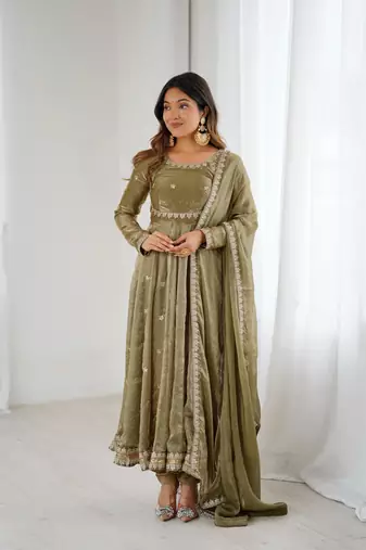 Premium fandy silk embroidered suit set with dupatta