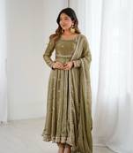 Premium fandy silk embroidered suit set with dupatta