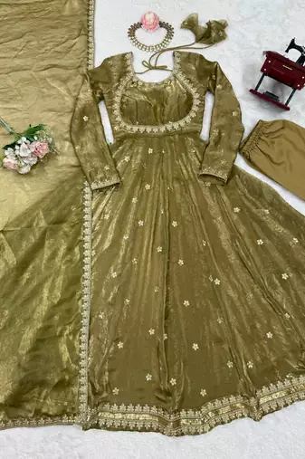 Premium fandy silk embroidered suit set with dupatta