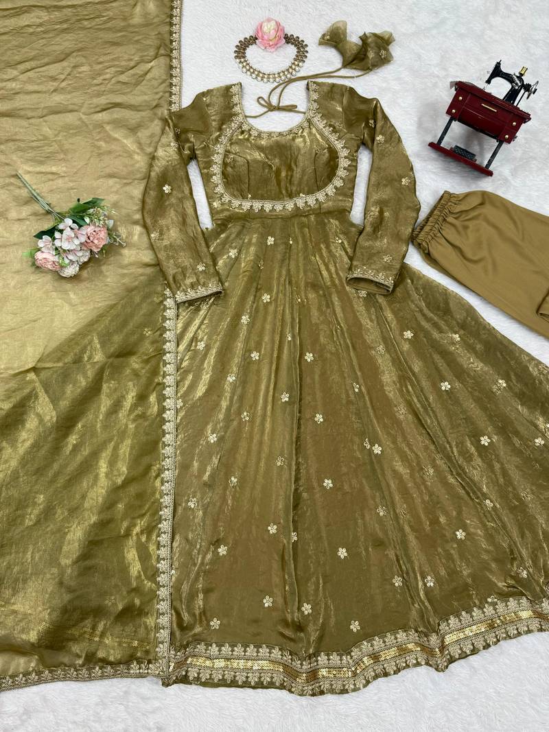 Premium fandy silk embroidered suit set with dupatta