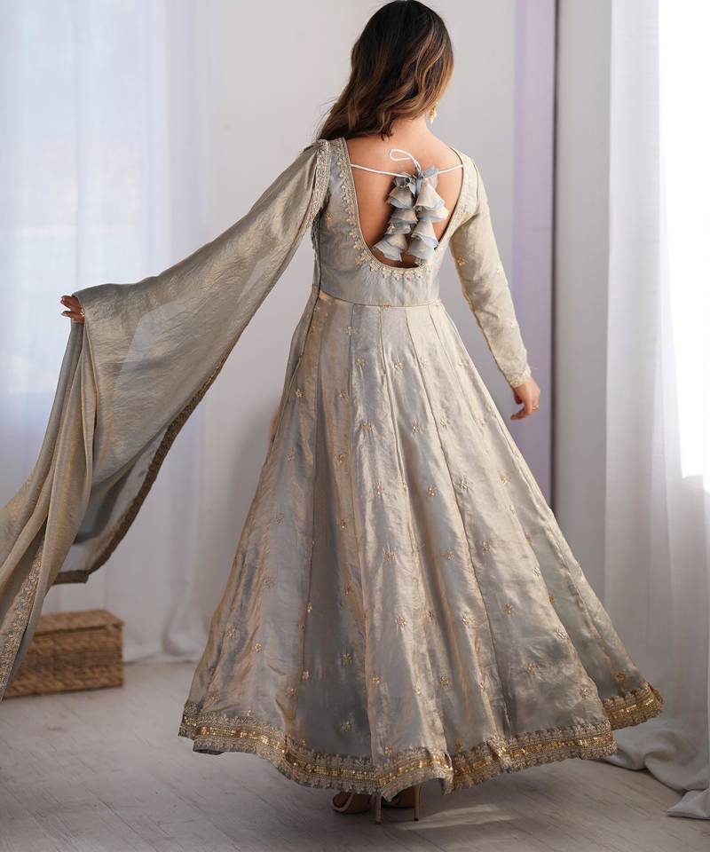 Premium fandy silk embroidered suit set with dupatta