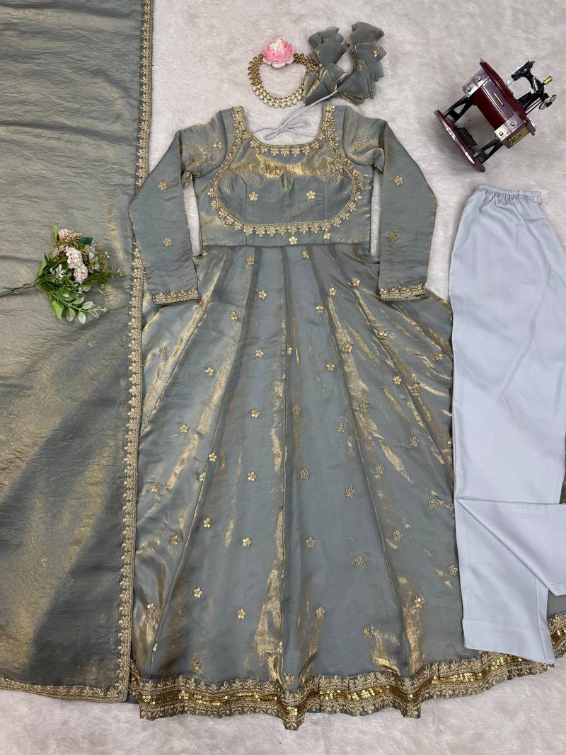 Premium fandy silk embroidered suit set with dupatta