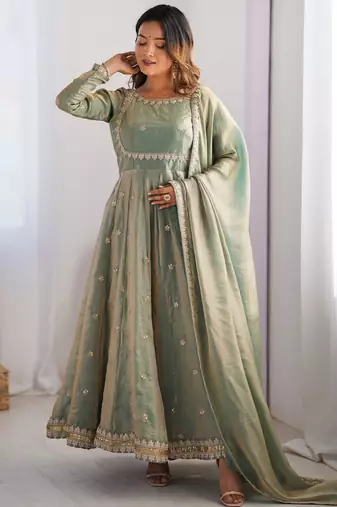 Premium fandy silk embroidered suit set with dupatta