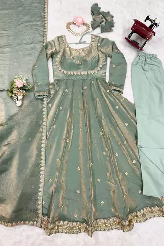 Premium fandy silk embroidered suit set with dupatta