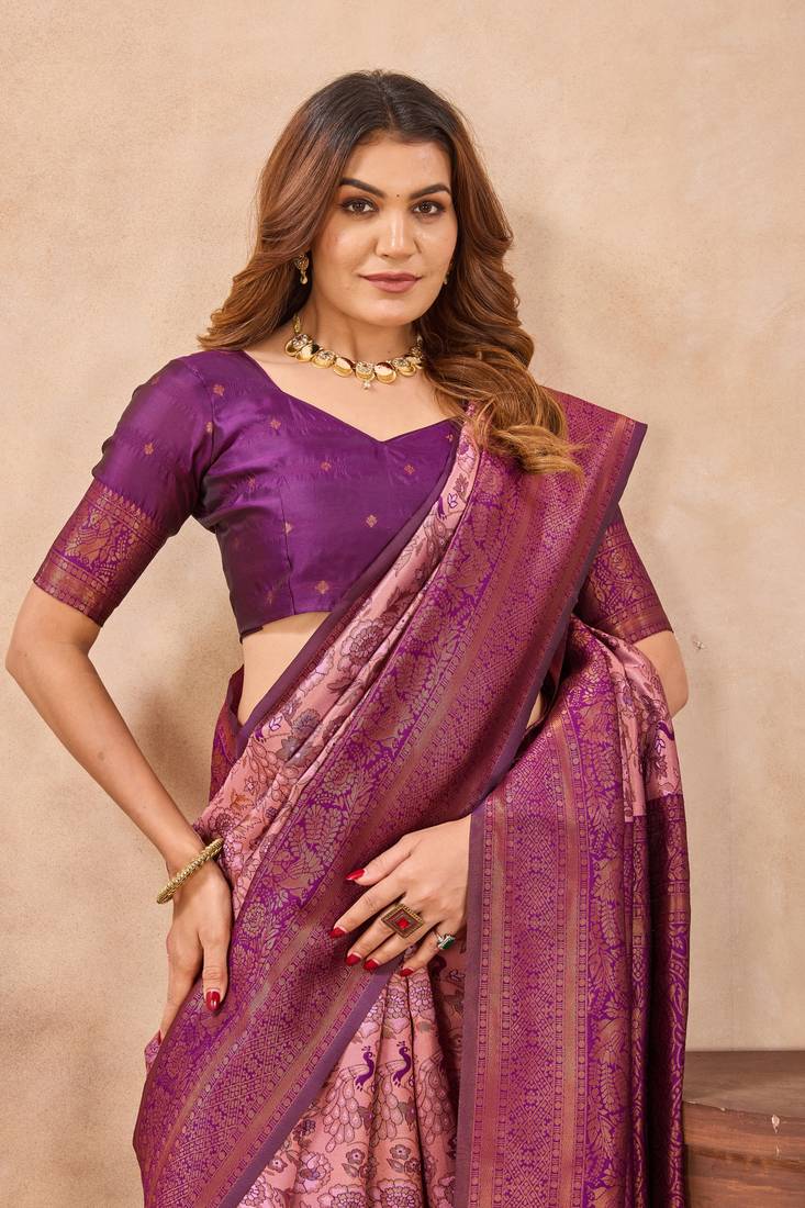 Light pink silk blend banarasi saree with unstitched blouse piece
