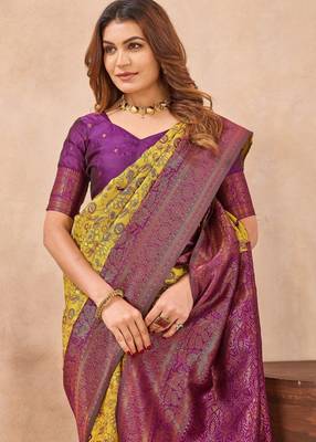 Mustard wine silk blend banarasi saree with unstitched blouse piece 6