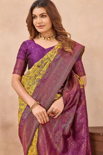 Mustard wine silk blend banarasi saree with unstitched blouse piece
