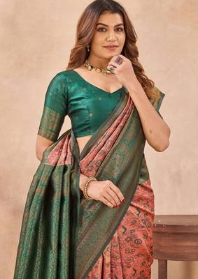 Peach green silk blend banarasi saree with unstitched blouse piece 6