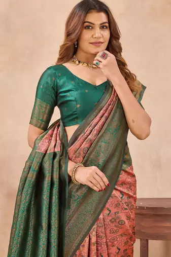 Peach green silk blend banarasi saree with unstitched blouse piece