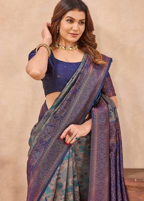 Turquoise blue silk blend banarasi saree with unstitched blouse piece 6