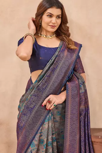 Turquoise blue silk blend banarasi saree with unstitched blouse piece