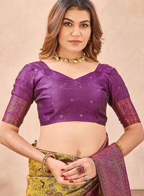 Mustard wine silk blend banarasi saree with unstitched blouse piece 7