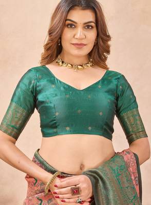 Peach green silk blend banarasi saree with unstitched blouse piece 7