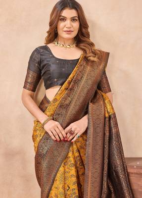 Yellow black silk blend banarasi saree with unstitched blouse piece 6