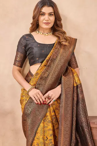 Yellow black silk blend banarasi saree with unstitched blouse piece