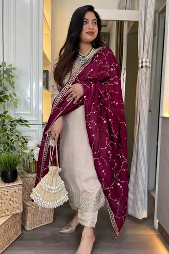 Designer ivory beige cp vichitra embroidered kurta set with wine embroidered dupatta