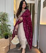Designer ivory beige cp vichitra embroidered kurta set with wine embroidered dupatta