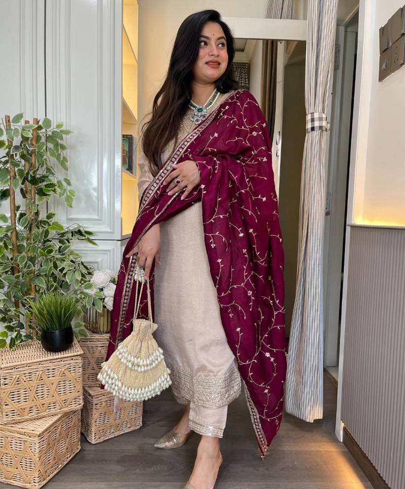 Designer ivory beige cp vichitra embroidered kurta set with wine embroidered dupatta