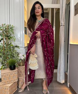 ivory beige vichitra embroidered kurta set with wine embroidered dupatta 2