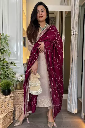 ivory beige vichitra embroidered kurta set with wine embroidered dupatta