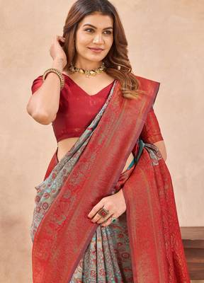 Turquoise red silk blend banarasi saree with unstitched blouse piece 6