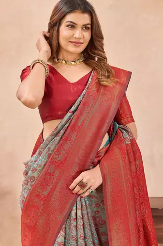 Turquoise red silk blend banarasi saree with unstitched blouse piece