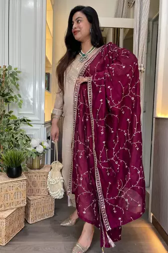 ivory beige vichitra embroidered kurta set with wine embroidered dupatta