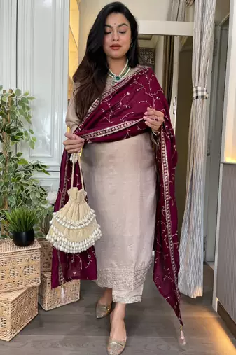 ivory beige vichitra embroidered kurta set with wine embroidered dupatta