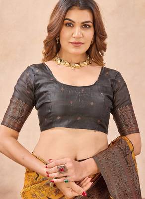 Yellow black silk blend banarasi saree with unstitched blouse piece 7