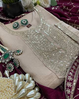 ivory beige vichitra embroidered kurta set with wine embroidered dupatta 5