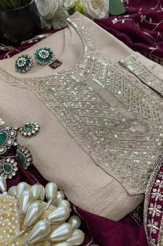 ivory beige vichitra embroidered kurta set with wine embroidered dupatta