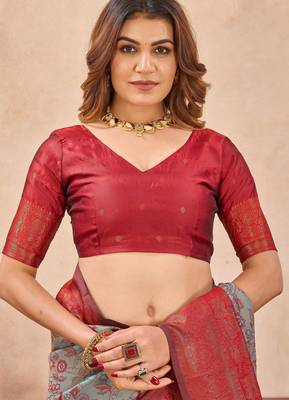 Turquoise red silk blend banarasi saree with unstitched blouse piece 7