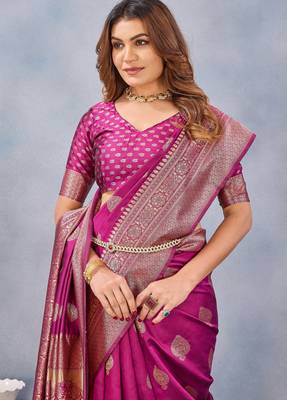 Wine silk blend banarasi saree with unstitched blouse piece 1