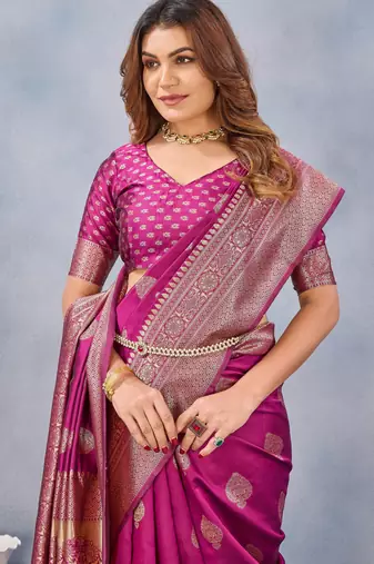 Wine silk blend banarasi saree with unstitched blouse piece
