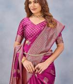 Wine silk blend banarasi saree with unstitched blouse piece