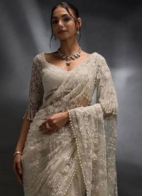 Off white net embroidered saree 1