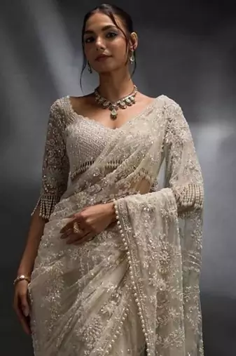 Off white net embroidered saree
