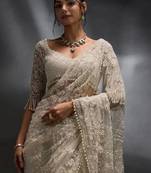 Off white net embroidered saree