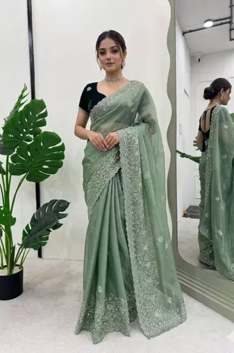 Sea green silk blend embroidered saree with thread work