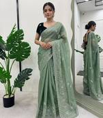 Sea green silk blend embroidered saree with thread work