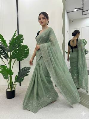 Sea green silk blend embroidered saree with thread work 2