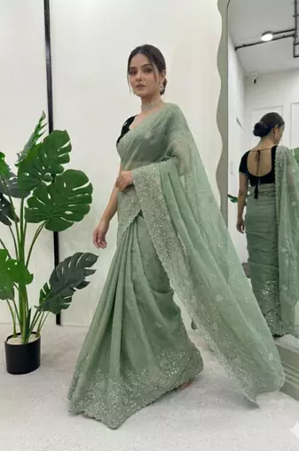 Sea green silk blend embroidered saree with thread work