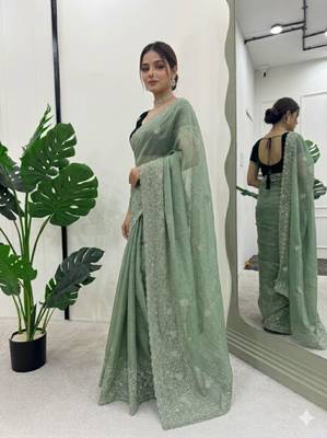 Sea green silk blend embroidered saree with thread work 3