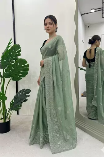 Sea green silk blend embroidered saree with thread work