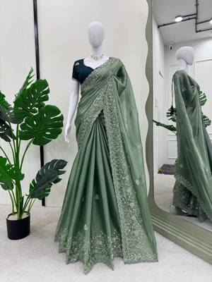 Sea green silk blend embroidered saree with thread work 4