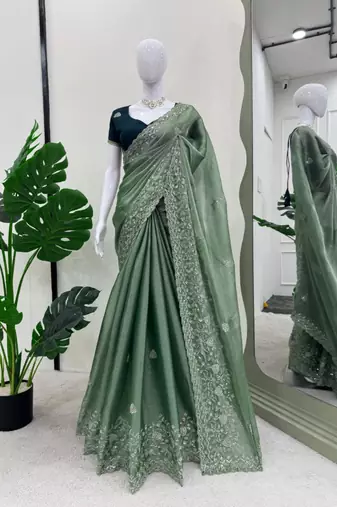Sea green silk blend embroidered saree with thread work